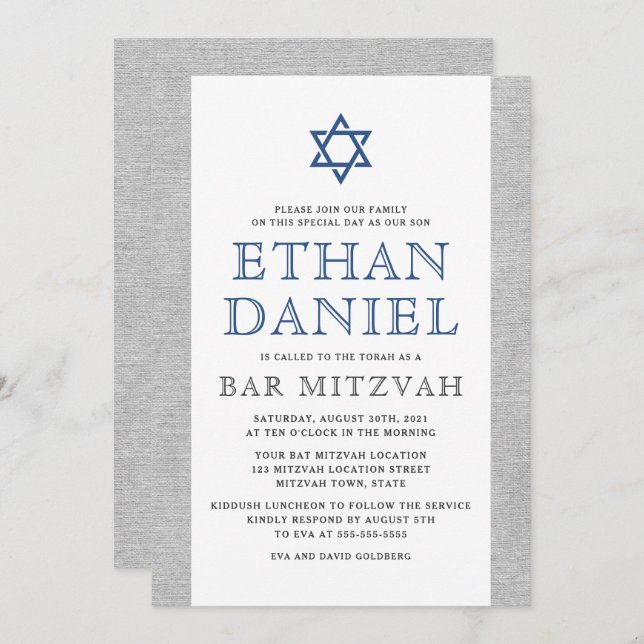 Elegant grey linen blue Star of David bar mitzvah Invitation (Front/Back)