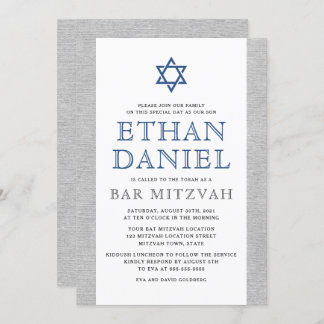 Elegant grey linen blue Star of David bar mitzvah Invitation