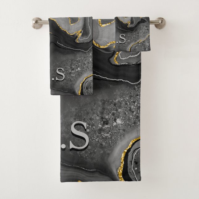 Elegant grey marble art faux gold glitter bath towel set (Insitu)