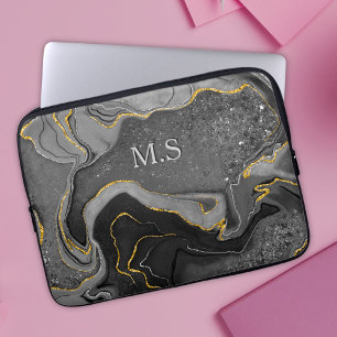 Elegant grey marble art faux gold glitter laptop sleeve