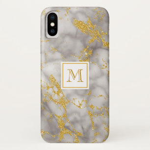 Elegant Grey Marble Monogram Faux Gold Glitter iPhone X Case