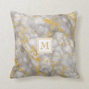 Elegant Grey Marble Monogram Faux Gold Glitter Cushion