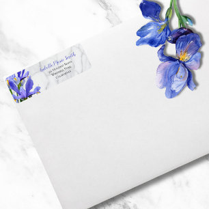 Elegant Grey Marble Watercolor Blue Floral Design Return Address Label