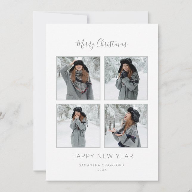 Elegant Grey Minimalist 4 Photo Holiday Card (Front)