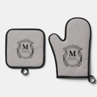 Elegant Grey Monogram Crest Oven Mitt & Pot Holder Set