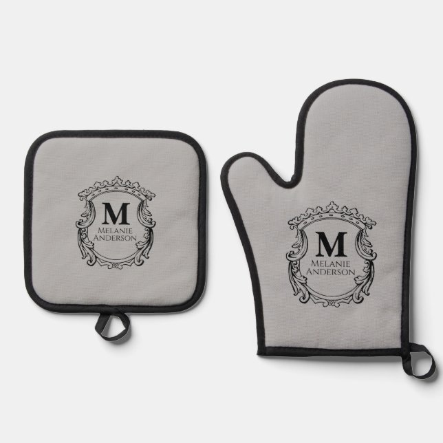 Elegant Grey Monogram Crest  Oven Mitt & Pot Holder Set (Front)