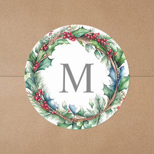 Elegant Grey Monogram Initial Christmas Wreath Classic Round Sticker