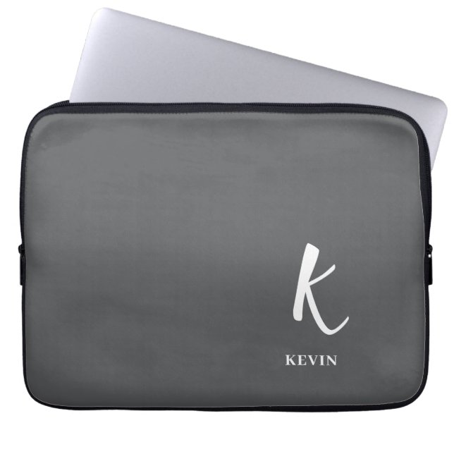 Elegant Grey Monogram Laptop Sleeve (Front)