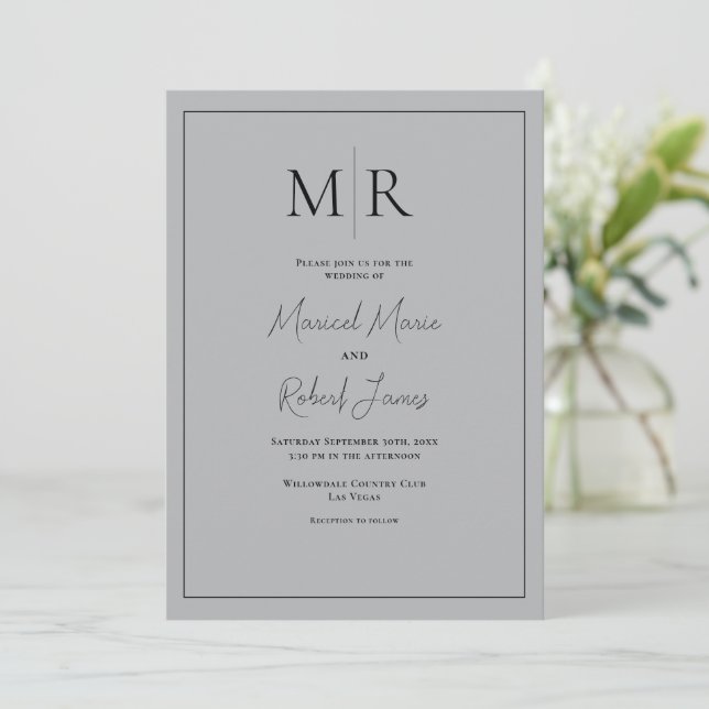 Elegant Grey Monogram Modern Wedding Invitation (Standing Front)