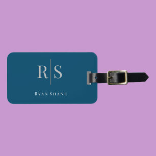 Elegant Grey Monogram, Name & Info, Ocean Blue Luggage Tag