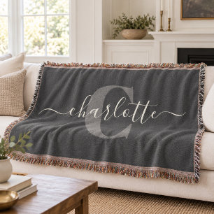 Elegant Grey Monogram Personalised Home Decor Gift Throw Blanket