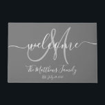 Elegant Grey Monogram Script Name Wedding Date Doormat<br><div class="desc">Personalised grey and white and grey monogram design with bride and groom last name and wedding date on a solid colour background. Makes a unique and great gift for newlyweds. Great for new house together. Customise with your name,  monogram initial and wedding date and colours. Elke Clarke©</div>