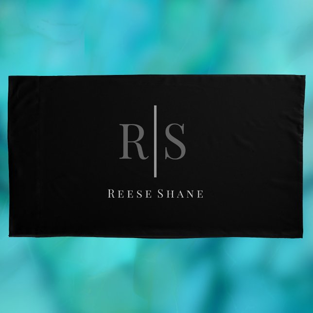 Elegant Grey Monogram & White Name, Black Pillowcase (Creator Uploaded)