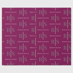 Elegant Grey Monogram & White Name, Maroon Wrapping Paper
