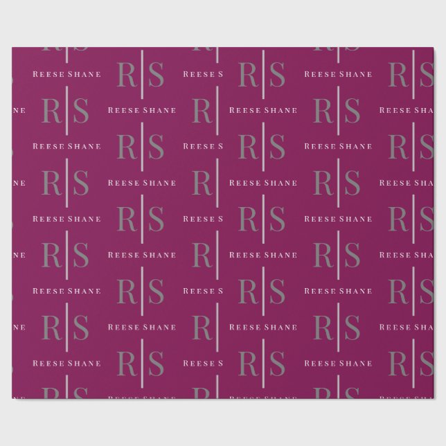Elegant Grey Monogram & White Name, Maroon Wrapping Paper (Seam)