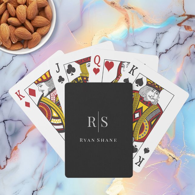 Elegant Grey Monogram & White Name on Black Playing Cards (Creator Uploaded)