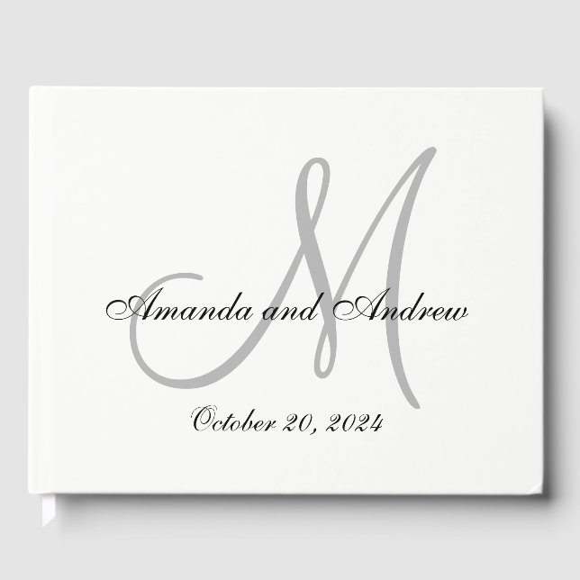 Elegant Grey Monogram with Photo Wedding Guest Book (Front)