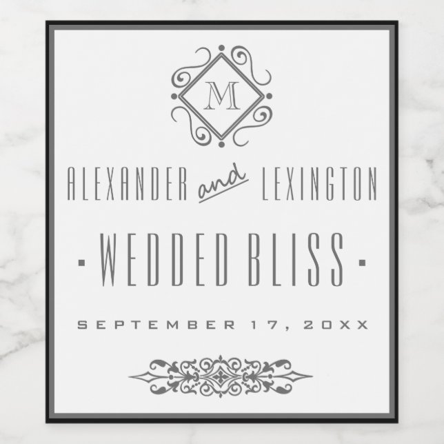 Elegant Grey Monogrammed Wedding Wine Label (Single Label)