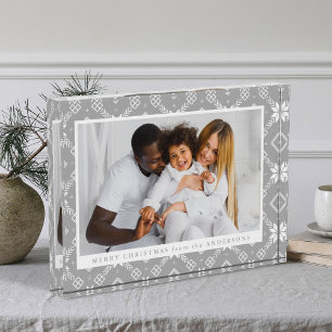 Elegant Grey Nordic Snowflake Pattern Christmas Photo Block