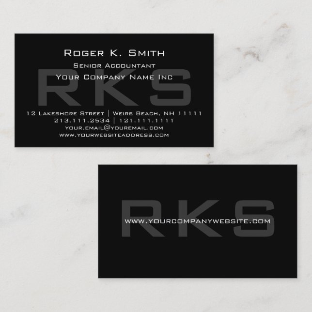 Elegant Grey on Black Monogram Classic Business Card (Front/Back)