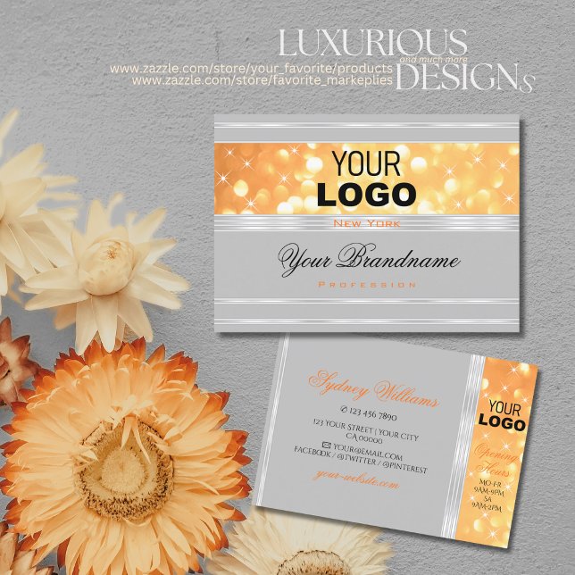 Elegant Grey Orange Glitter Logo Silver Border Business Card (Creator Uploaded)