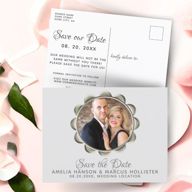 Elegant Grey Oval Frame Save the Date Photo Announcement Postcard (Creator Uploaded)