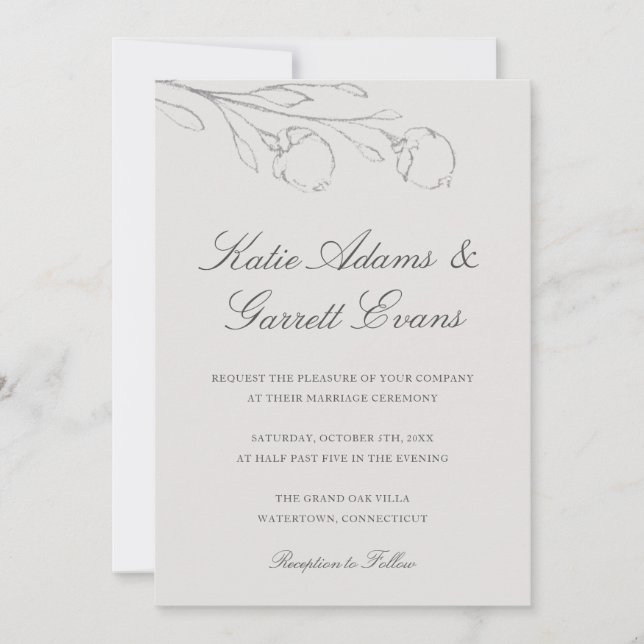Elegant Grey Pencil Sketch Flowers Wedding Invitation (Front)