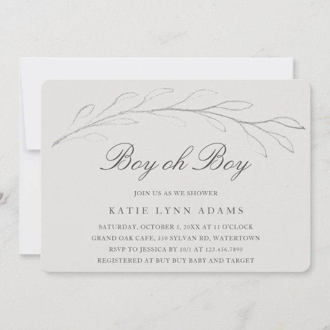 Elegant Grey Pencil Sketch Twig Boy Baby Shower Invitation (Front)