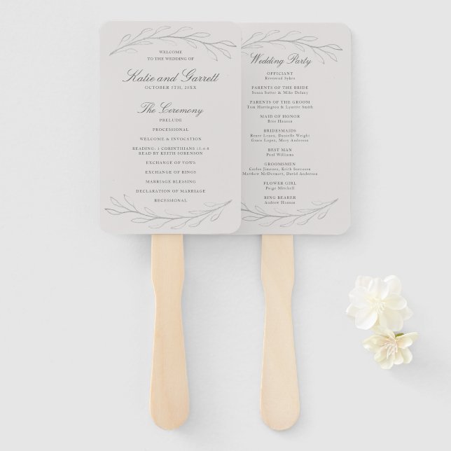 Elegant Grey Pencil Sketch Twigs Wedding Program Hand Fan (Front and Back)