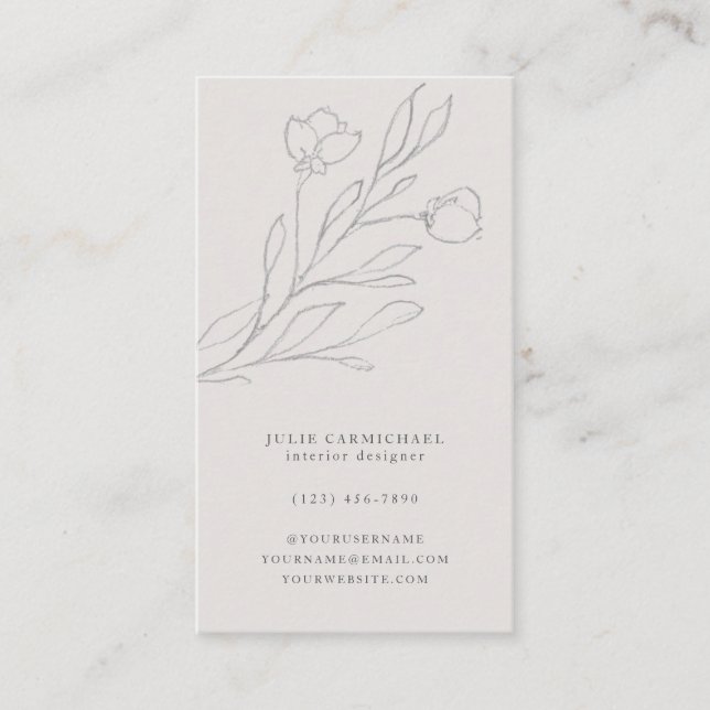 Elegant Grey Pencil Sketched Flowers Vertical Business Card (Front)