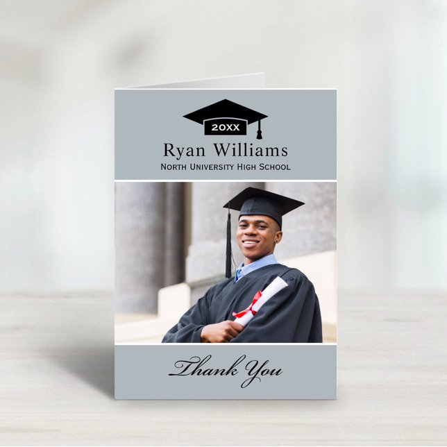Elegant Grey Personalised Graduation Photo Thank You Card (Creator Uploaded)