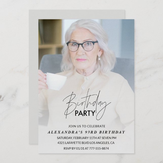 Elegant Grey Photo 93rd birthday party Invitation (Front/Back)