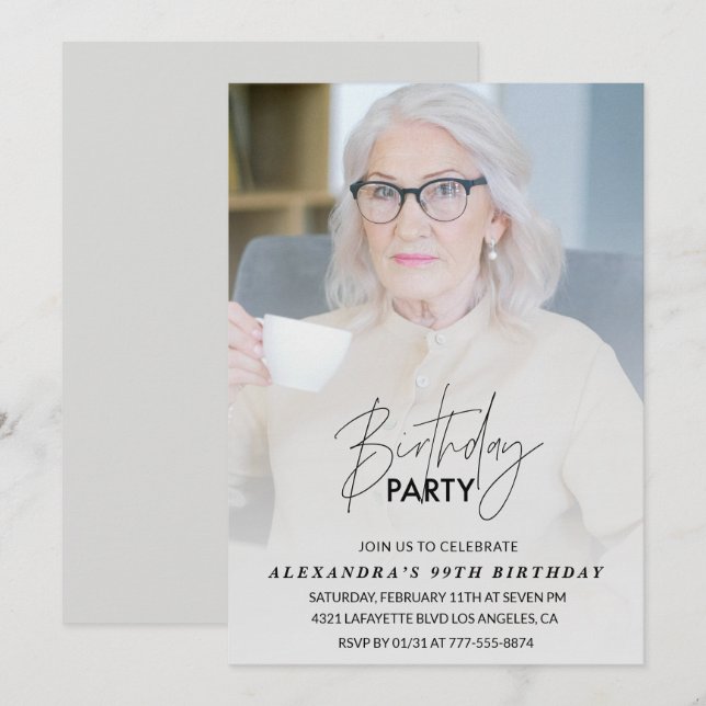 Elegant Grey Photo 99th birthday party Invitation (Front/Back)