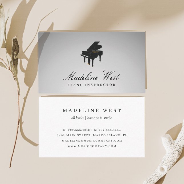Elegant Grey Piano Instructor Music Teacher Business Card (Creator Uploaded)