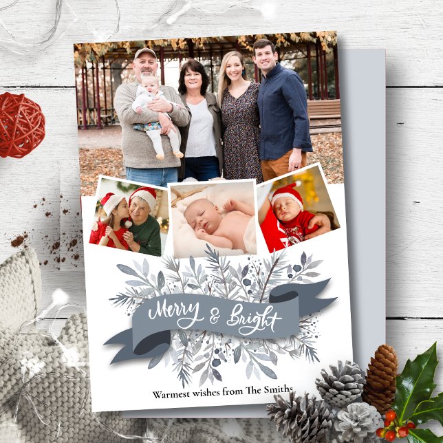 Elegant Grey Pine Bough Ribbon Modern Script Photo Holiday Card (Creator Uploaded)