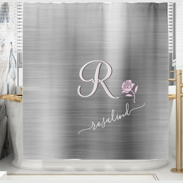Elegant Grey Pink Custom Monogram Name Flower  Shower Curtain (Creator Uploaded)