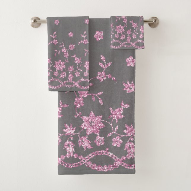 ELEGANT GREY PINK DIAMOND LACE BATHROOM TOWEL SET (Insitu)
