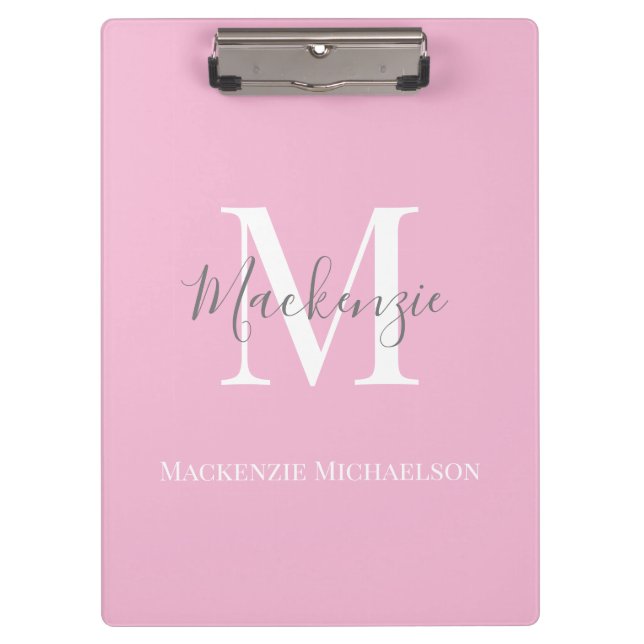 Elegant Grey Pink Personalised Monogram Name  Clipboard (Front)