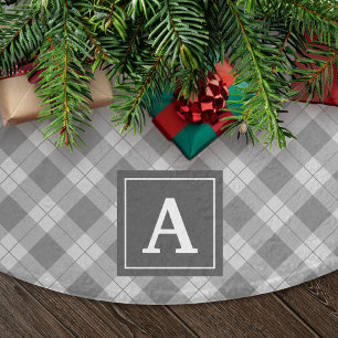 Elegant Grey Plaid Monogram Brushed Polyester Tree Skirt