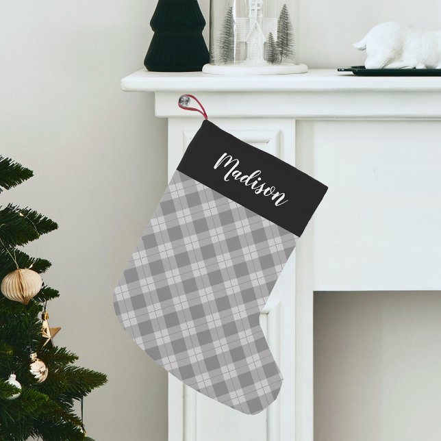Elegant Grey Plaid Personalised Small Christmas Stocking (Creator Uploaded)