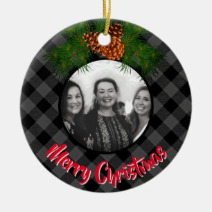 Elegant  grey plaid pinecone photo template ceramic ornament