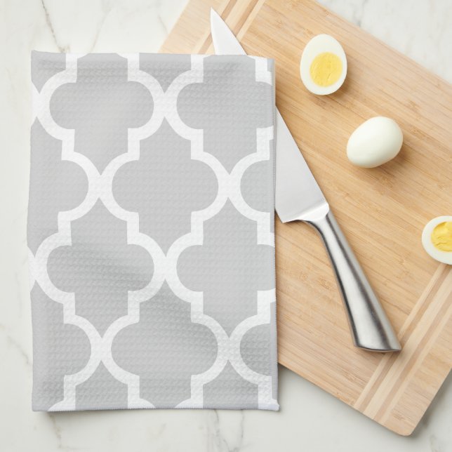 Elegant Grey Quatrefoil Tiles Pattern Tea Towel (Quarter Fold)