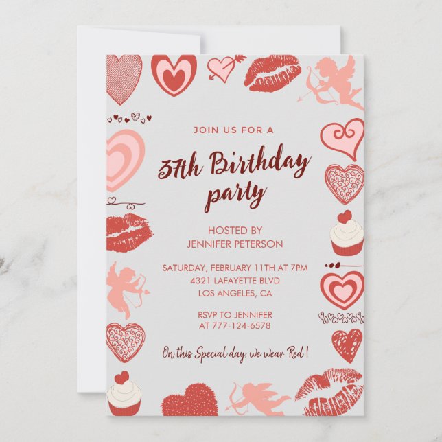 Elegant Grey Red Hearts 37th birthday invitations  (Front)