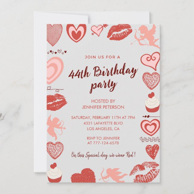 Elegant Grey Red Hearts 44th birthday invitations  (Front)