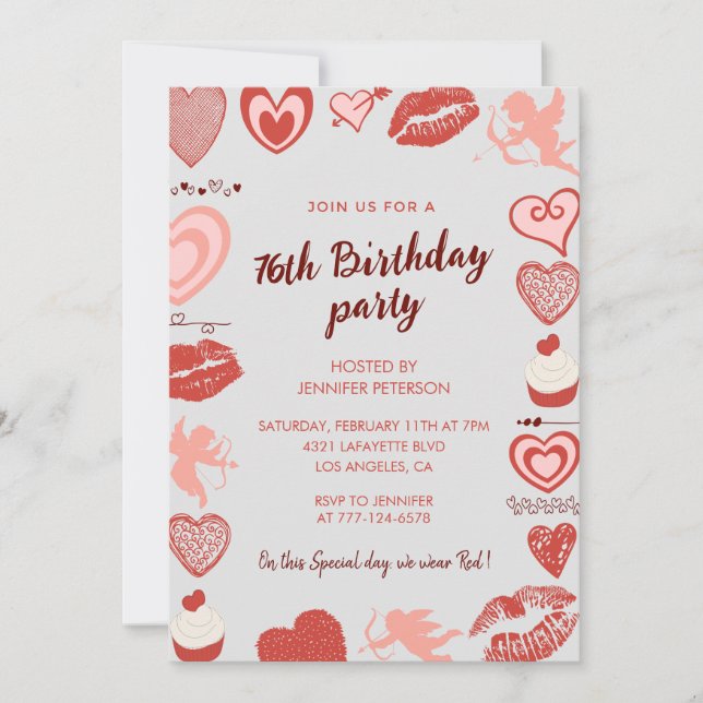 Elegant Grey Red Hearts 76th birthday invitations  (Front)