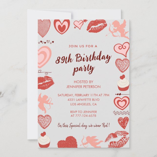 Elegant Grey Red Hearts 89th birthday invitations  (Front)