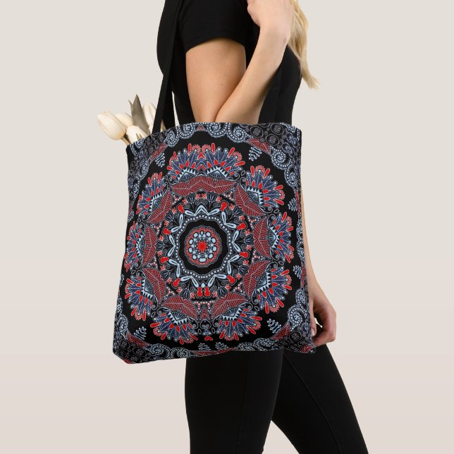 Elegant Grey & Red Mandala Tote Bag (Close Up)