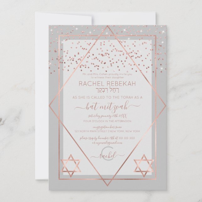 Elegant Grey Rose Gold Confetti Border Bat Mitzvah Invitation (Front)