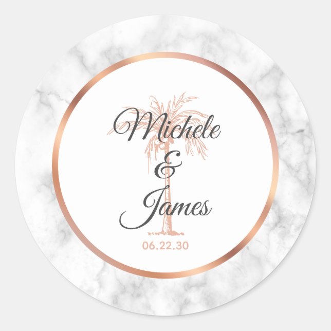 Elegant Grey Rose Gold Palm Tree Marble Wedding Classic Round Sticker (Front)