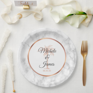 Elegant Grey Rose Gold Palm Tree Marble Wedding Paper Plate